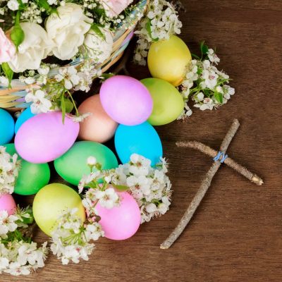 Easter eggs on a flowering tree branch